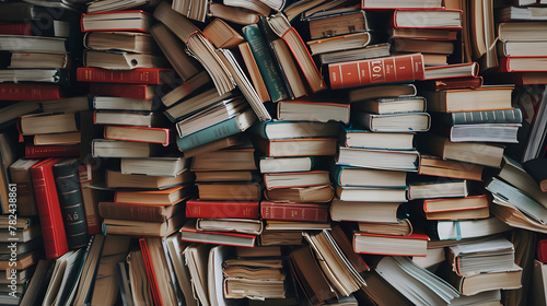 Stacked books everywhere, filled bookshelf inside library, diversity of literature