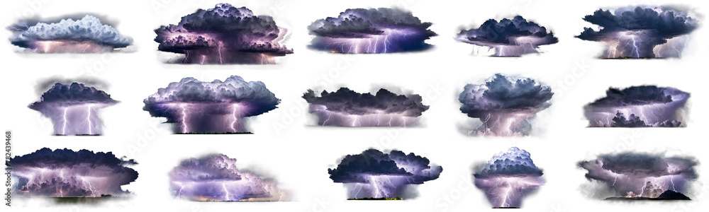 Set of 25 intense and dramatic lightning storm photos isolated on transparent alpha background. Graphic resources for electrifying designs.