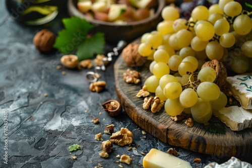Assortment of grapes and cheese on a rustic cutting board