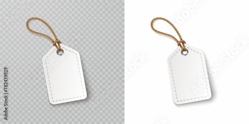 Tags with rope isolated on transparent background. Cardboard labels, paper sale or gift empty stickers and string. Vector blank white price banner, promo offer mockup