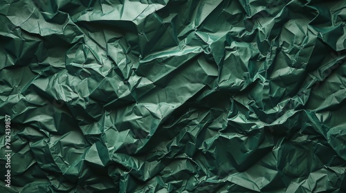 Green textured paper crumpled background. Abstract design and pattern concept. Textured backdrop with shadows and depth.
