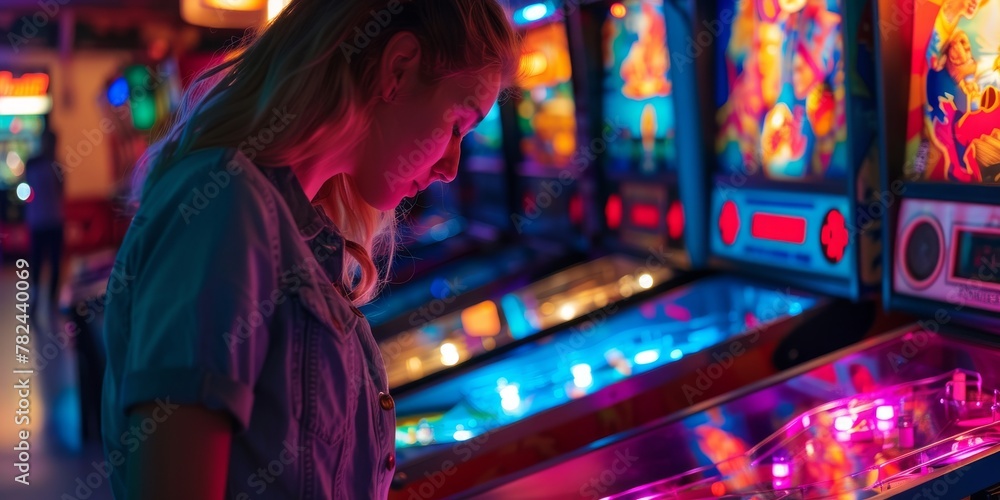 Young woman playing pinball in a vibrant arcade room. Leisure and entertainment concept in a lively gaming environment.