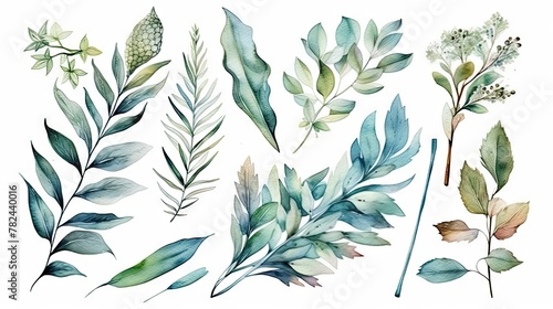 Watercolor Herbal Botanical Illustration with Leaves and Herbs Generative AI