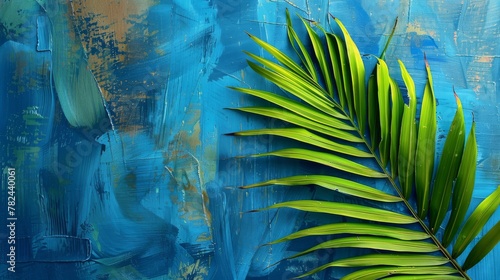 Vibrant green palm leaf against a blue textured background with bold acrylic strokes. Botanical art blending nature with abstract painting;