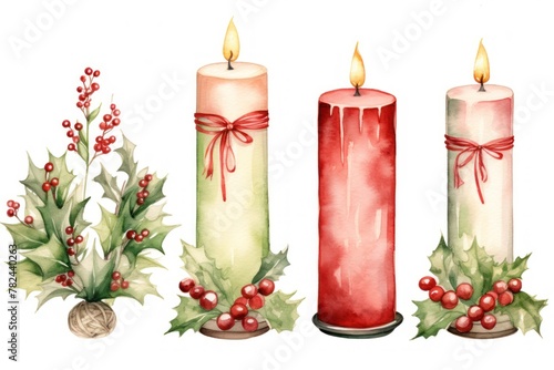 Festive Watercolor Christmas Candle Illustration Generative AI