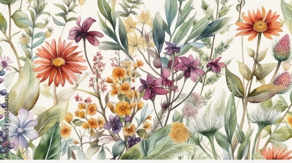 Seamless Watercolor Floral Pattern with Wildflowers and Plants Generative AI