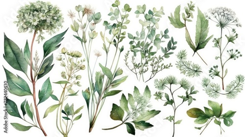 Hand-Painted Watercolor Floral Set of Forest Herbs and Greenery Generative AI