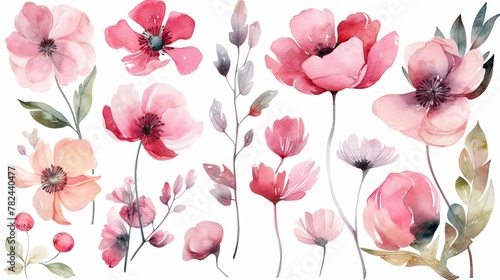 Delicate Watercolor Flower Clipart with Soft Pink Blossoms Generative AI
