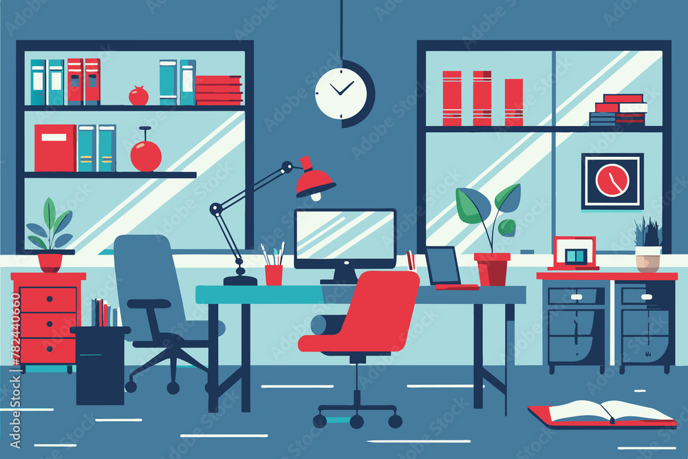 A neat and organized home office space is depicted in a blue and red color scheme, featuring a desk with a computer, books, and a lamp A neat and organized home office space is depicted in a blue and red color scheme, featuring a desk with a computer, books, and a lamp