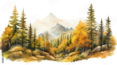 Watercolor Woodland Autumn Landscape Illustration Generative AI