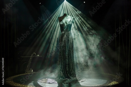 A vintage 1920s evening dress radiates elegance under the spotlight on a smoky jazz club stage, embodying the allure and glamour of the era.
