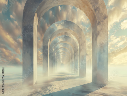 Infinite Arched Corridor - Ethereal Architectural Design with Heavenly Light and Clouds