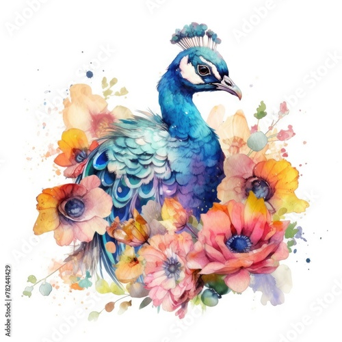 Vibrant Watercolor Peacock Chick in Wildflower Meadow Generative AI © AlexandraRooss