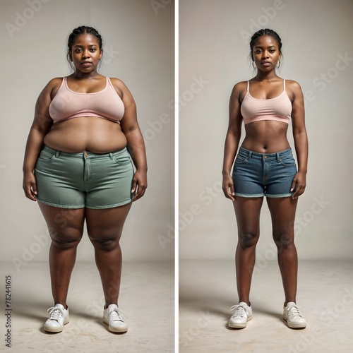 Transformation of an young adult african womans body shown in shorts and top before weight loss with larger arms and thighs, and after weight loss with toned muscles and slimmer waist and legs photo