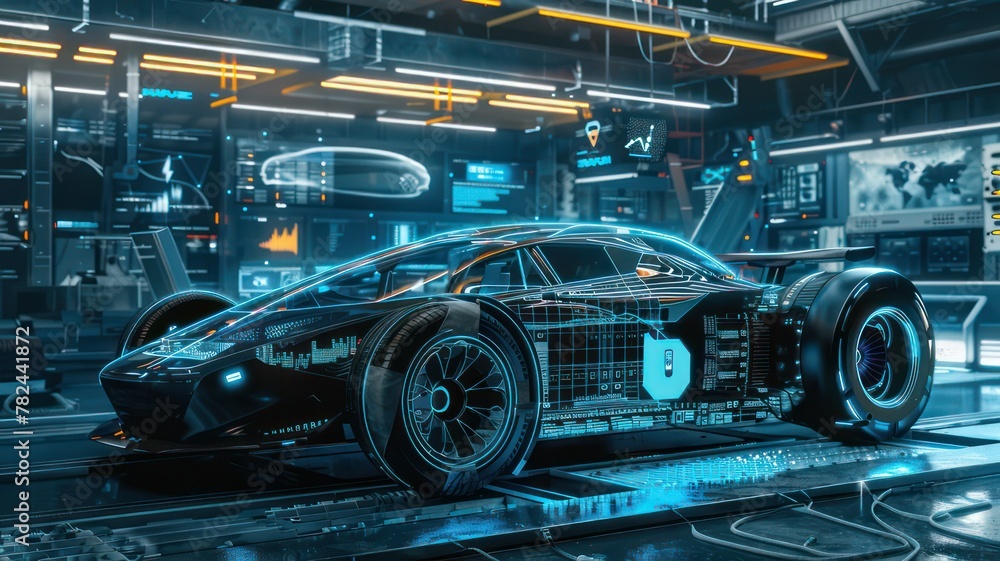 Fototapeta premium Modern futuristic car under construction wide banner with info datum created with Generative AI