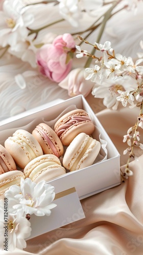 Festive macaroons in a gift box and flowers close-up.