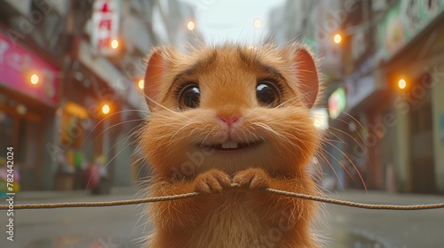   A hamster, face forward, gazes at a dangling rope Buildings line the backdrop behind them