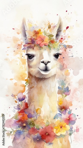 Delightful Baby Llama Amidst Vibrant Flower Field, Watercolor Art Generative AI