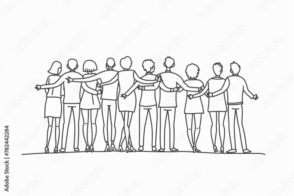 line drawing of business people standing together with arms around each other, showing unity and support Generative AI line drawing of business people standing together with arms around each other, showing unity and support Generative AI