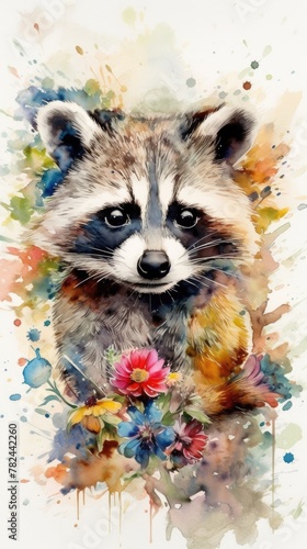 Enchanting Baby Raccoon in Colorful Flower Field Watercolor Generative AI