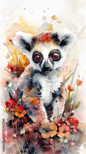 Whimsical Watercolor Lemur Frolic in Vibrant Floral Meadow Generative AI