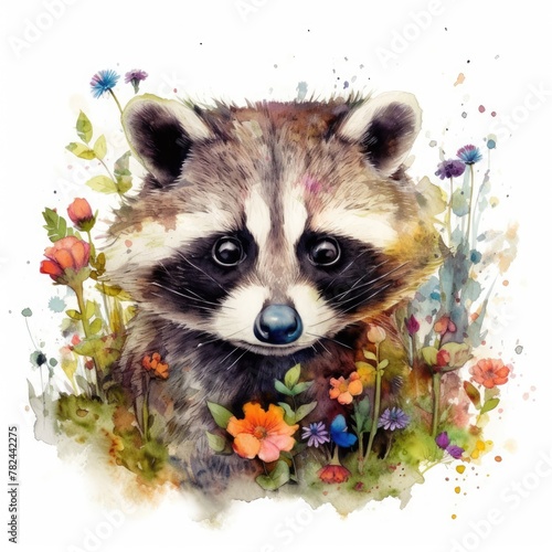 Enchanting Baby Raccoon in a Colorful Flower Field - Watercolor Art Generative AI