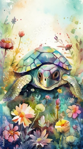 Enchanting Baby Sea Turtle in Colorful Floral Wonderland Generative AI