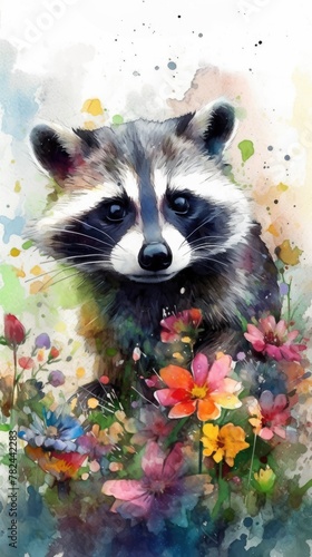 Enchanting Baby Raccoon in Colorful Flower Field Generative AI