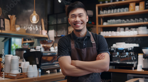 asian man barista holding tablet for checking order from customer on coffee cafe.