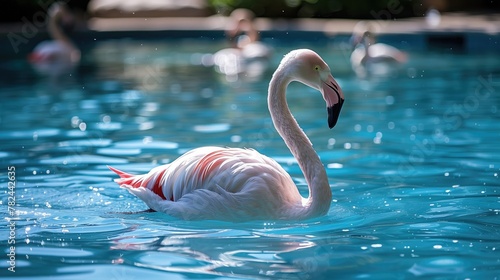 A flamingo wades in the water, its pink wings outstretched against the sky