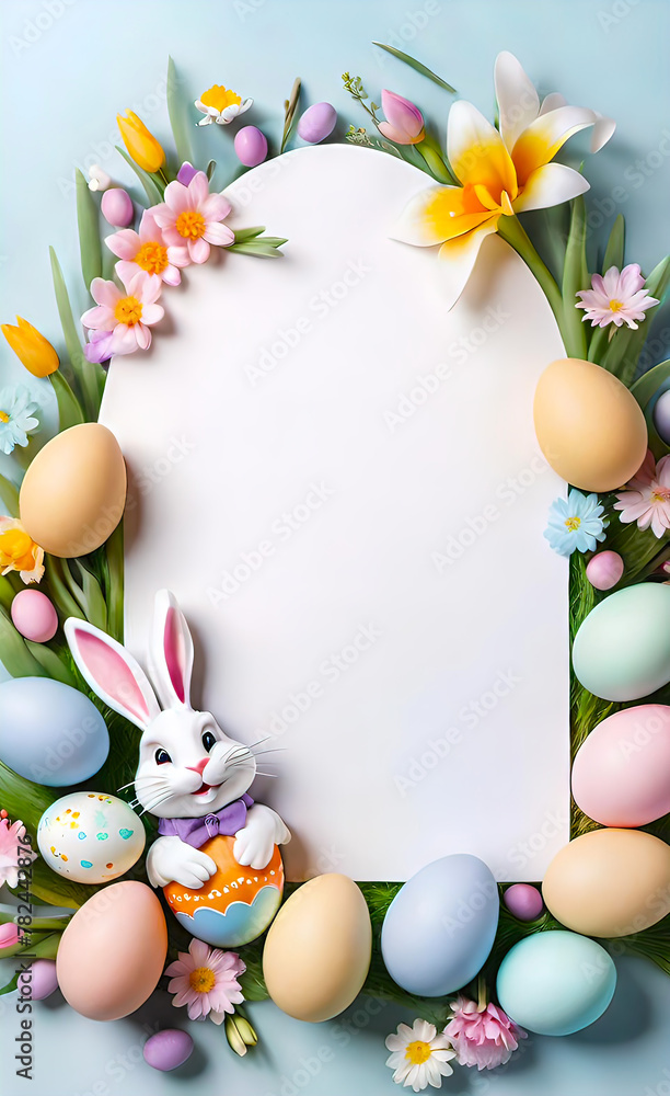 Easter card, painted eggs with floral pattern with copy space, Happy Easter greeting,