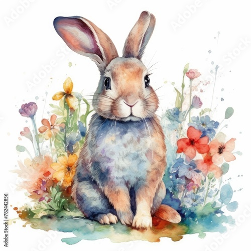 Whimsical Watercolor of Joyful Bunny in Vibrant Flower Meadow Generative AI