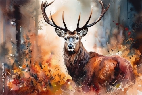 Majestic Red Deer Stag in Autumn Foliage Watercolor Painting Generative AI © AlexandraRooss