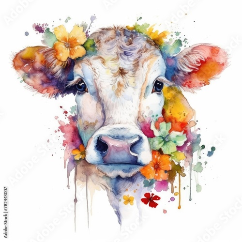 Whimsical Watercolor Art: Serene Calf Amidst Vibrant Meadows Generative AI