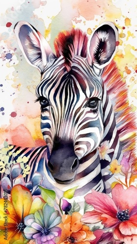 Vibrant Watercolor Painting of Adorable Zebra Foal in Floral Meadow Generative AI