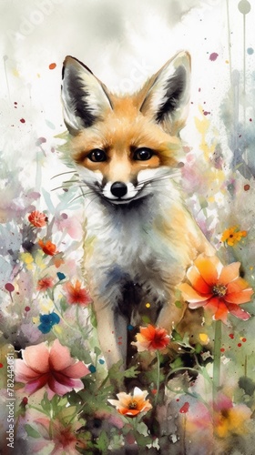 Whimsical Fox Cub Frolicking in Vibrant Meadow Blossoms Generative AI