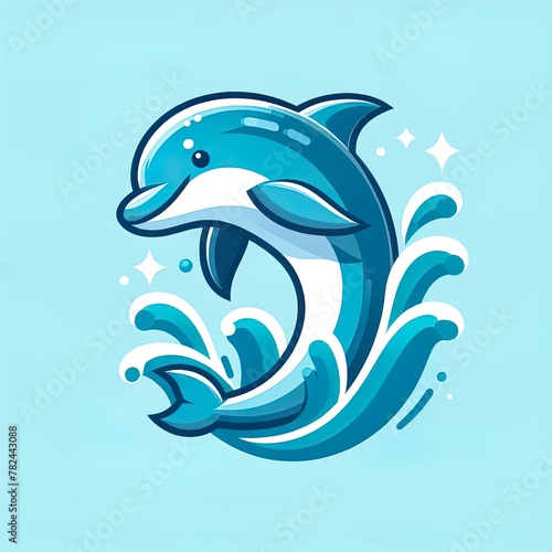 A dolphin jumping out of the water, blue background, illustration