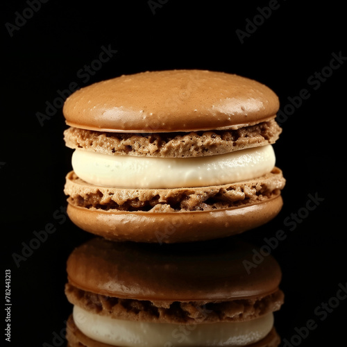 A Chocolate brown macaron with cream filling, isolated on black background, no shadow, easy to cut out. 