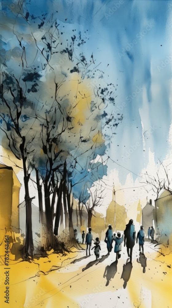 Watercolor Silhouettes Depicting Refugee Journey Generative AI