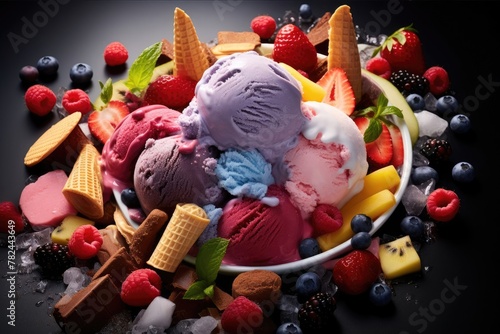 Dessert bowl with ice cream, fruit, and chocolate cones © Aleks