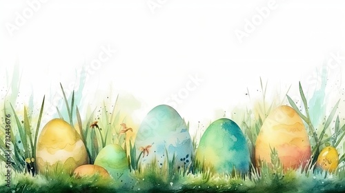 Watercolor Easter Border with Green Grass and Colorful Eggs Generative AI