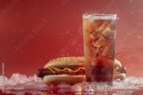 A hot dog and a soda chilling on ice, captured in a still life photograph