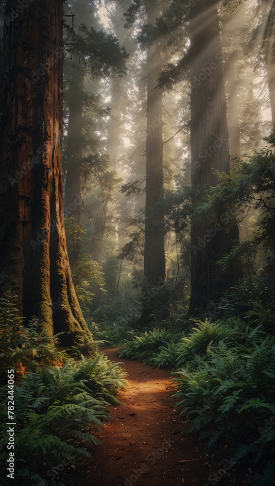 Fototapeta premium A beautiful fairytale enchanted forest with big giant redwood trees and great vegetation. Generated AI