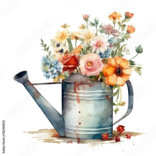 Watering Can Overflowing with Vibrant Watercolor Flowers Generative AI photo