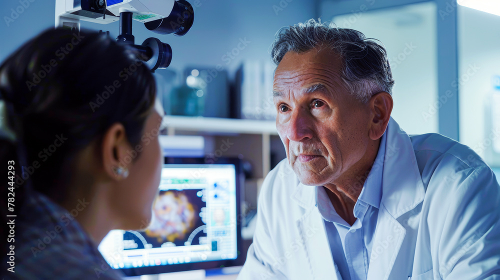 Obraz premium Senior Ophthalmologist Consulting with Patient in Modern Clinic