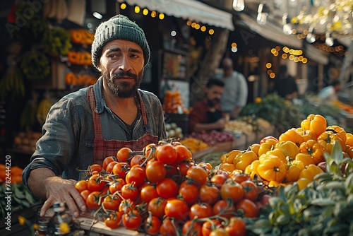 Man selling fresh tomatoes at local market, greengrocer offering natural foods photo