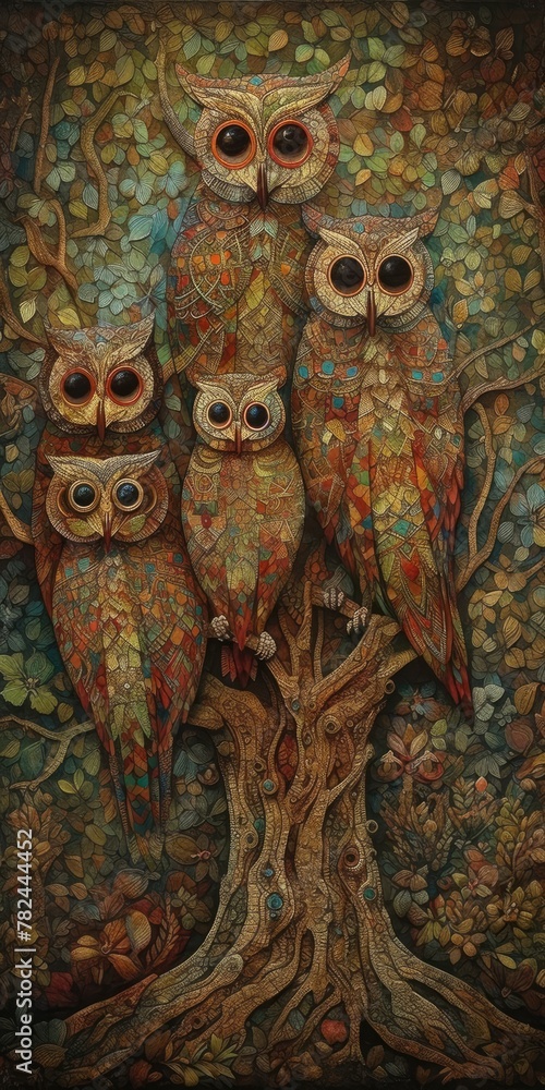Obraz premium Whimsical Neo-Impressionist Owl Family Painting Generative AI