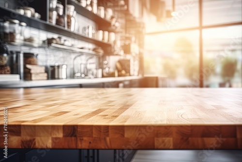 Rustic Wooden Table in a Modern Kitchen Interior Generative AI photo