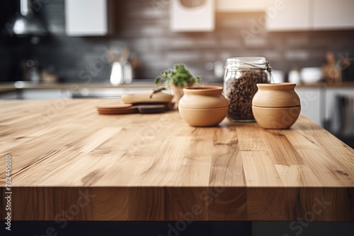 Minimalist Wooden Kitchen Surface with Blurred Backdrop Generative AI photo