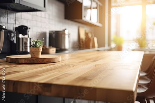 Rustic Wooden Table in Modern Kitchen Interior Generative AI photo